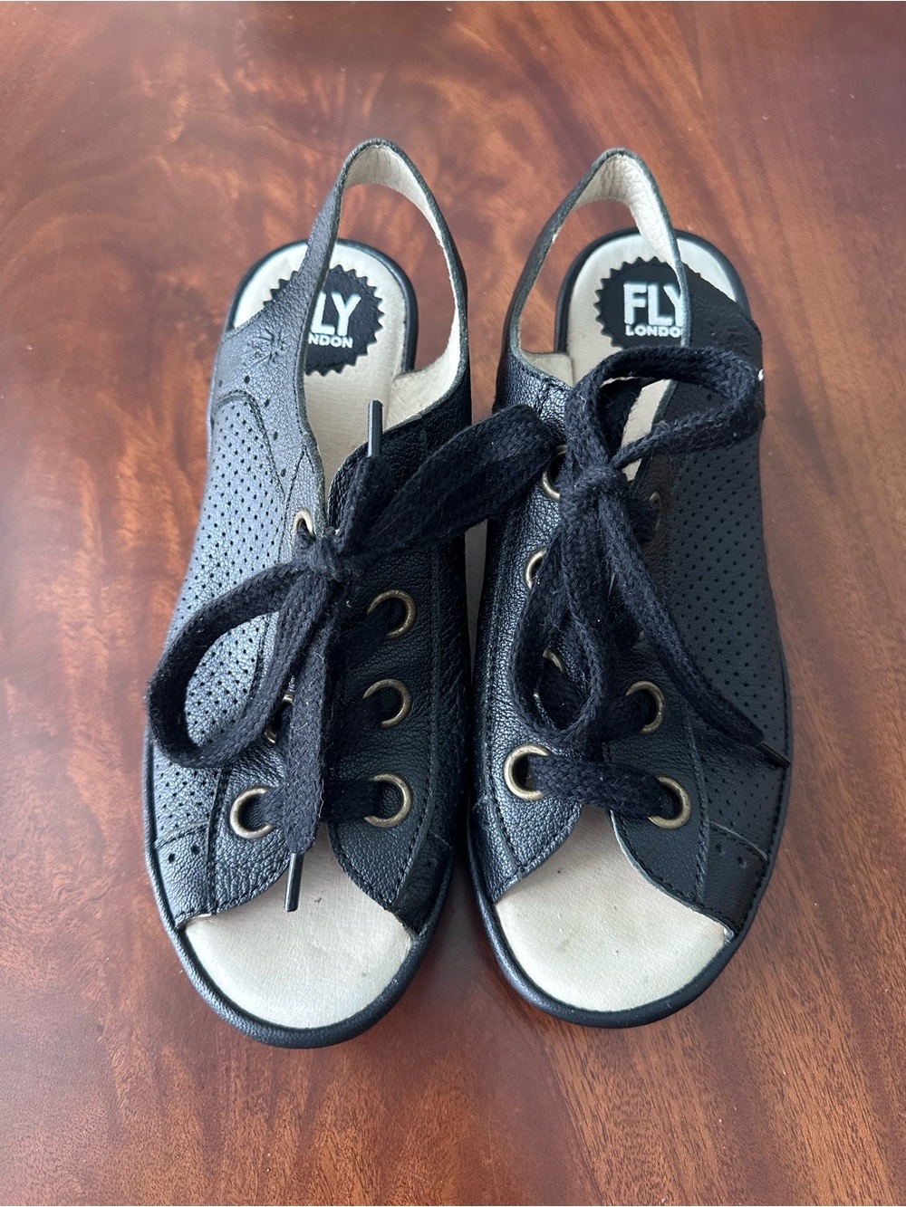 FLY London Leather Lace-Up Wedge Sandals Ylfa Black size 39 - Picture 2 of 5